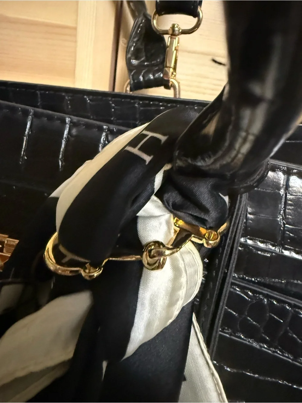 Black Croc-Embossed Pet Purse with Scarf Accent